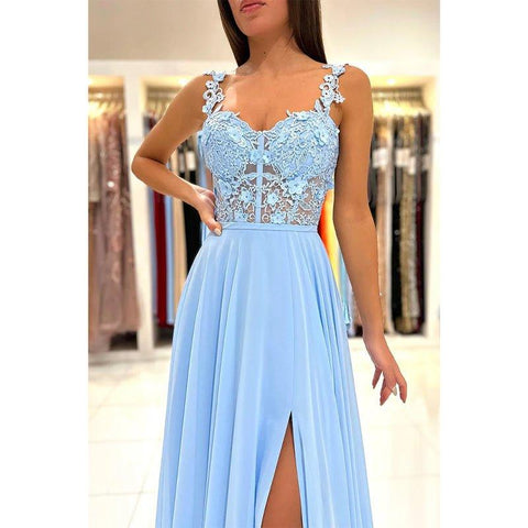 A Line Double Straps Lace Long Prom Formal Dress