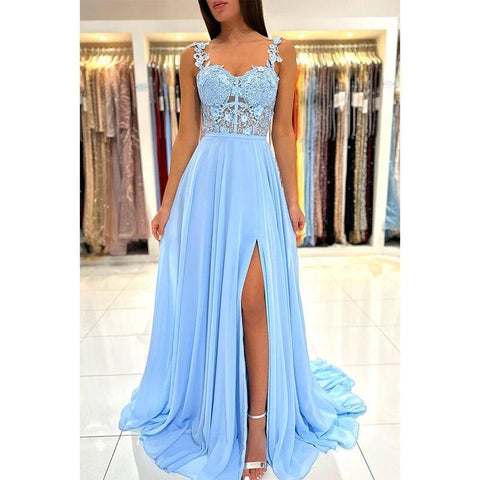 A Line Double Straps Lace Long Prom Formal Dress