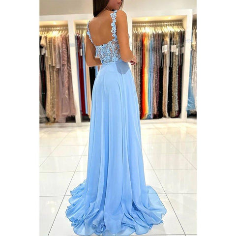 A Line Double Straps Lace Long Prom Formal Dress