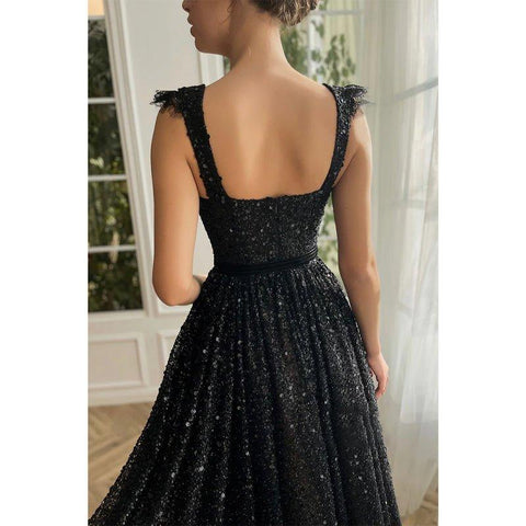 A-line Double Straps Sequins Black Vintage Prom Dress with Pockets