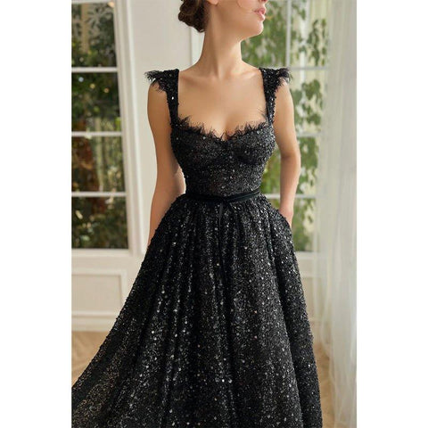 A-line Double Straps Sequins Black Vintage Prom Dress with Pockets