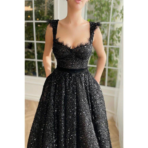 A-line Double Straps Sequins Black Vintage Prom Dress with Pockets