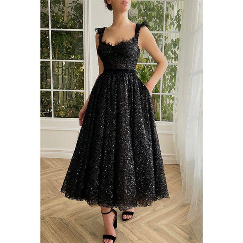 A-line Double Straps Sequins Black Vintage Prom Dress with Pockets