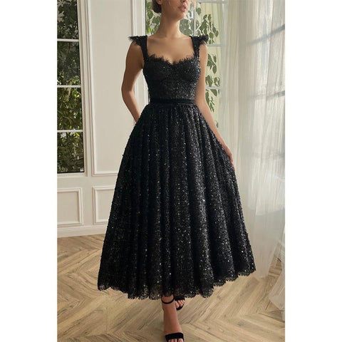 A-line Double Straps Sequins Black Vintage Prom Dress with Pockets