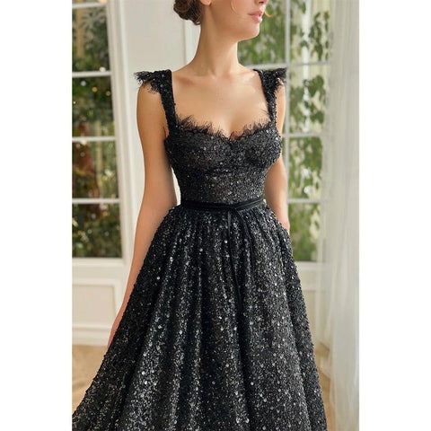 A-line Double Straps Sequins Black Vintage Prom Dress with Pockets