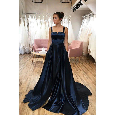 A-line Double Straps Split Long Prom Dress with Pockets