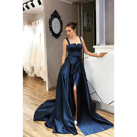 A-line Double Straps Split Long Prom Dress with Pockets