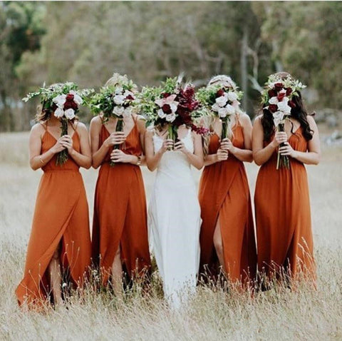 Baoleely Simple Sleeveless V Neck Burnt Orange Bridesmaid Dresses
