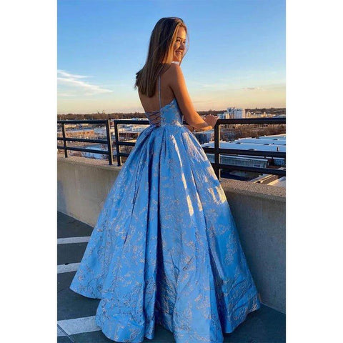 A-line Exquisite Lace V-neck Spaghetti Straps Long Prom Dress Lace-up