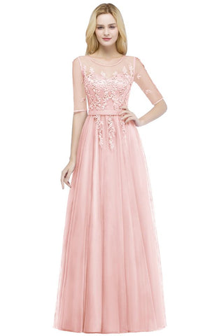 A-line Floor Length Appliques Tulle Bridesmaid Dress Half Sleeve Evening Dress