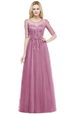 A-line Floor Length Appliques Tulle Bridesmaid Dress Half Sleeve Evening Dress