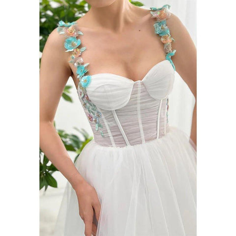A-line Floral Spaghetti Straps White Formal Evening Dress Wedding Party Dress