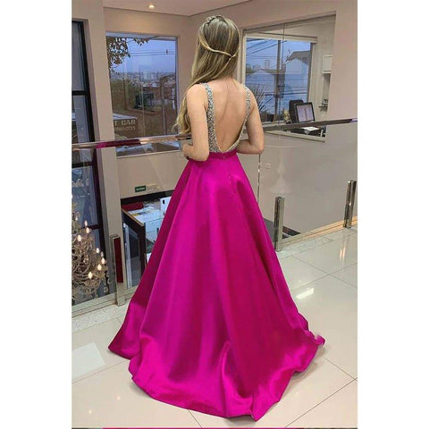 A-line Fuchsia Satin Beaded V-neck Long Prom Dress Formal Evening Gowns