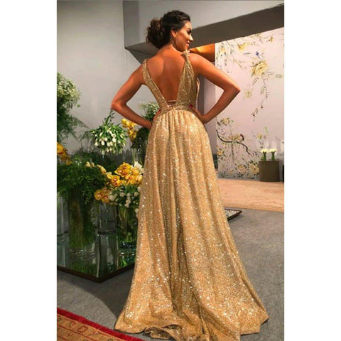 A-line Gold Sequins V-neck Sparkle Prom Dress Party Dress