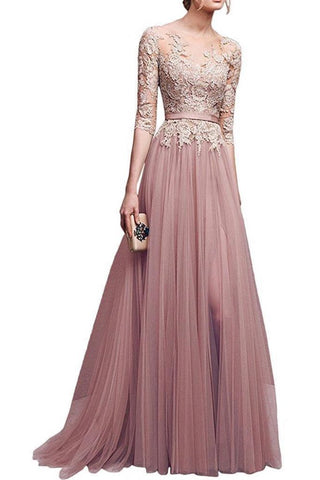 A-line Half Sleeves Floor Length Slit Appliqued Tulle Prom Dresses with Sash