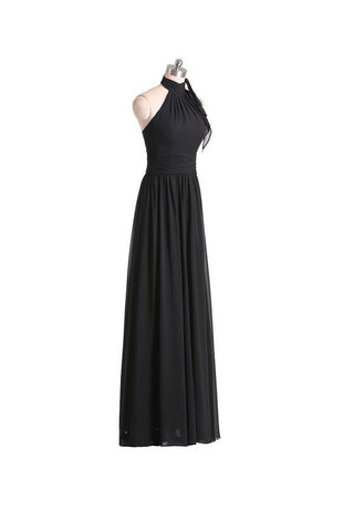 A-line Halter Floor Length Chiffon Black Bridesmaid Dress With Pleats BD019