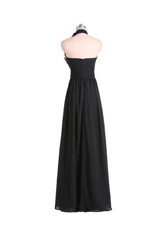 A-line Halter Floor Length Chiffon Black Bridesmaid Dress With Pleats BD019