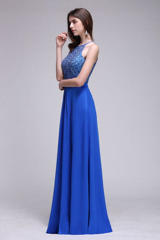 A-line Halter Neck Chiffon Royal Blue Prom Dresses with Sequins