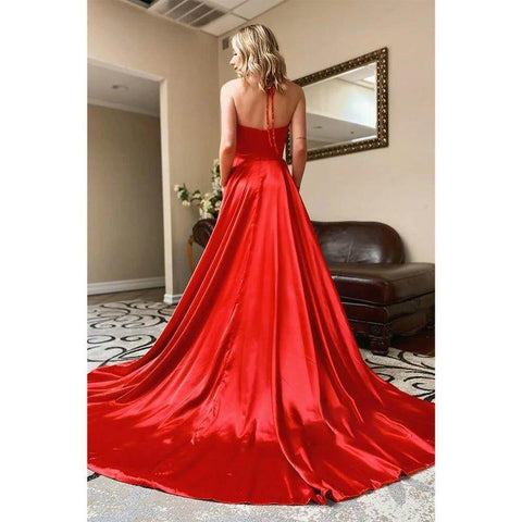 A-line Halter Red Stretch Satin High Split Simple Prom Dress with Pockets