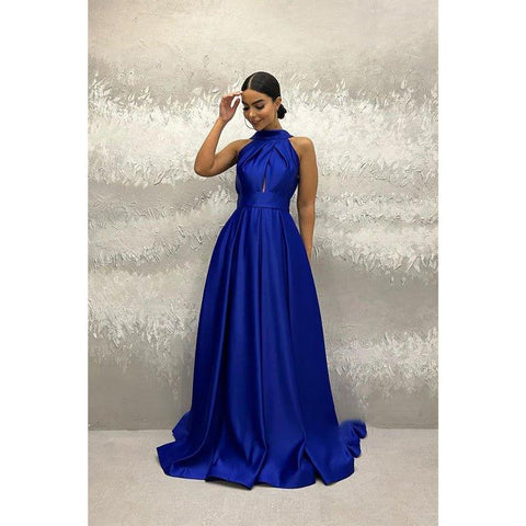 A-line Halter Royal Blue Satin Simple Long Prom Evening Dress