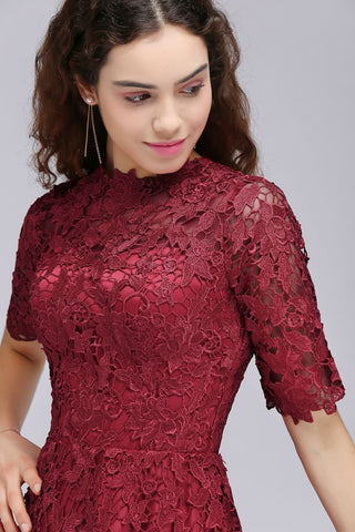 A-Line Halter Short Lace Burgundy Homecoming Dresses