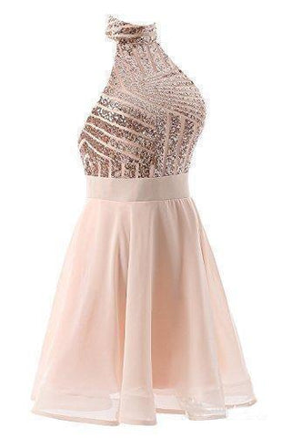 A-Line Halter Short Pink Chiffon Homecoming/Cocktail Dress with Sequins PD064