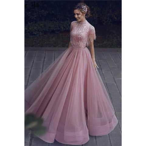 A-line High Neck Beaded Pink Tulle Long Prom Dress