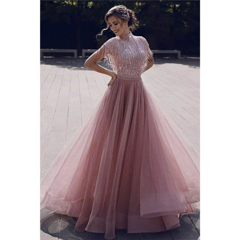 A-line High Neck Beaded Pink Tulle Long Prom Dress