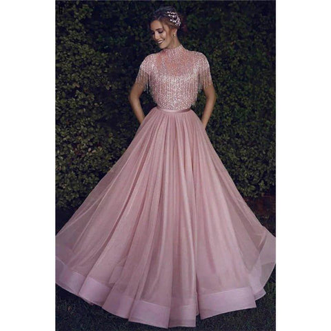 A-line High Neck Beaded Pink Tulle Long Prom Dress