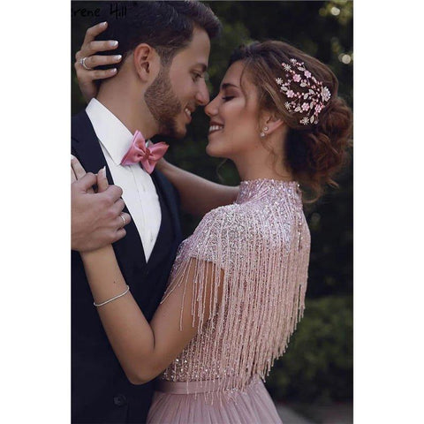 A-line High Neck Beaded Pink Tulle Long Prom Dress