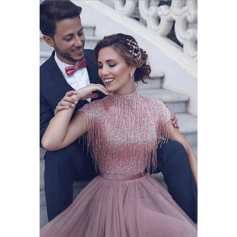 A-line High Neck Beaded Pink Tulle Long Prom Dress