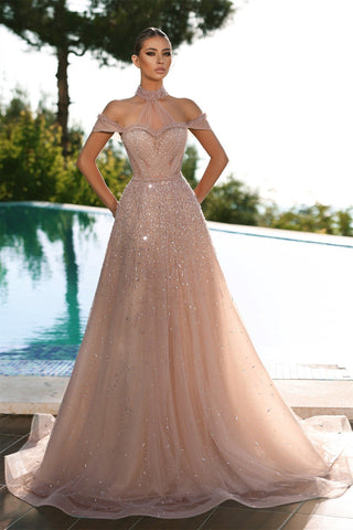 A-line High Neck Off-the-shoulder Sequins Lace Long Open Back Prom Dresses