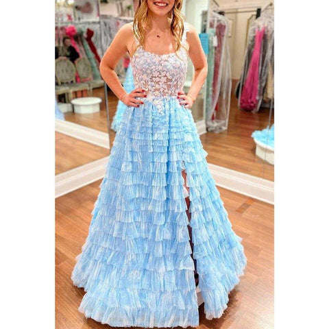 A-line Illusion Appliques Tiered with Side Slit Tulle Prom Dress