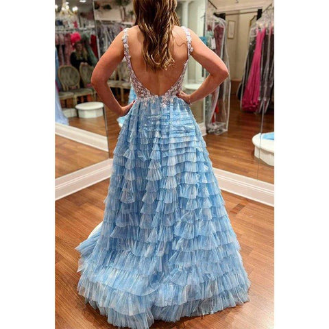 A-line Illusion Appliques Tiered with Side Slit Tulle Prom Dress