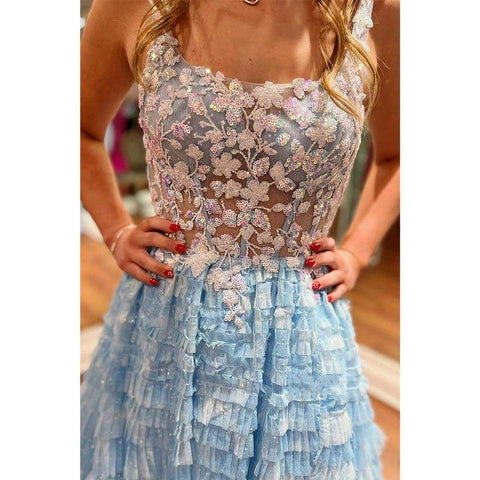 A-line Illusion Appliques Tiered with Side Slit Tulle Prom Dress