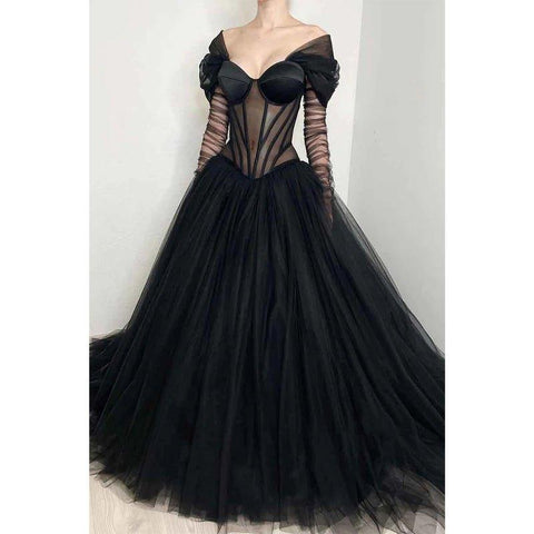 A Line Illusion Black Tulle Long Formal Evening Gowns