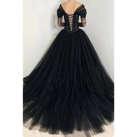 A Line Illusion Black Tulle Long Formal Evening Gowns