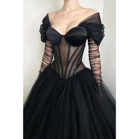 A Line Illusion Black Tulle Long Formal Evening Gowns