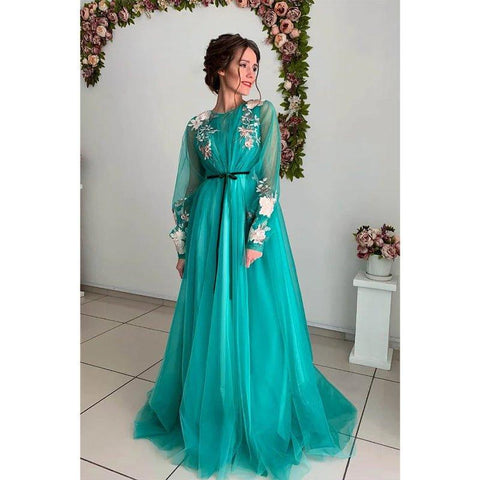 A-line Illusion Long Sleeves Tulle Appliques Elegant Long Formal Evening Gowns