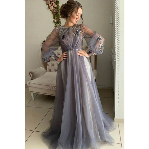 A-line Illusion Long Sleeves Tulle Appliques Elegant Long Formal Evening Gowns