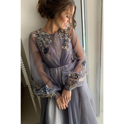 A-line Illusion Long Sleeves Tulle Appliques Elegant Long Formal Evening Gowns