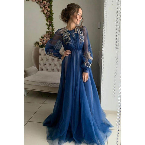 A-line Illusion Long Sleeves Tulle Appliques Elegant Long Formal Evening Gowns