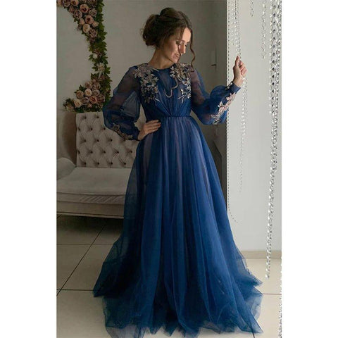 A-line Illusion Long Sleeves Tulle Appliques Elegant Long Formal Evening Gowns