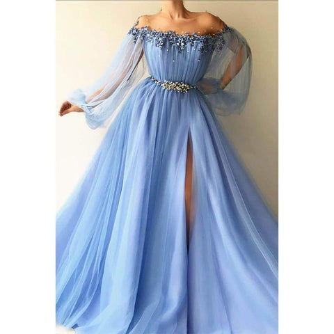 A-line Illusion Neckline Long Sleeves Tulle Appliques Long Evening Dress with Slit