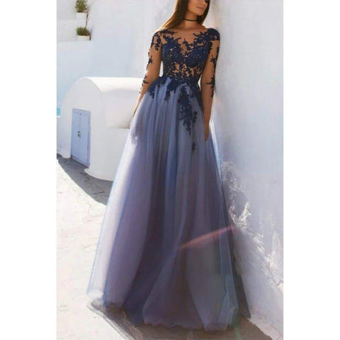 A-line Illusion Neckline Tulle Appliques Long Sleeves Prom Dress