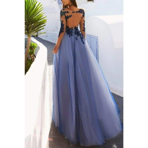 A-line Illusion Neckline Tulle Appliques Long Sleeves Prom Dress