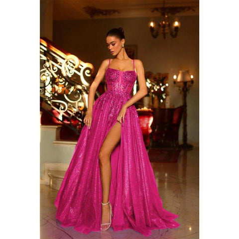 A Line Illusion V Neck Appliques High Split Long Sparkly Prom Formal Dress