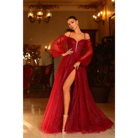 A Line Illusion V Neck Long Sleeves Sparkly Prom Formal Dress with Slit