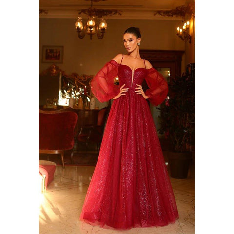 A Line Illusion V Neck Long Sleeves Sparkly Prom Formal Dress with Slit