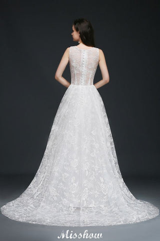 A-line Jewel Court Train Lace Simple Wedding Dresses with Buttons